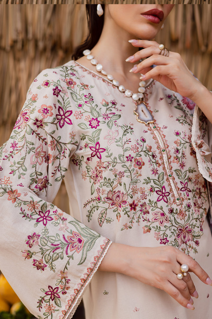 Long embroidered khaddar shirt with lace-finished culottes and printed dupatta — a refined ready-to-wear Pakistani ensemble
