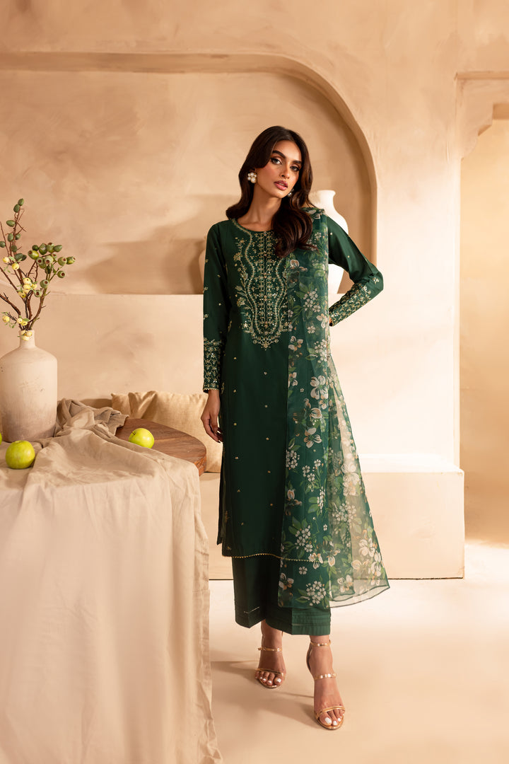 Sage Green 3Pc - Embroidered Lawn Dress