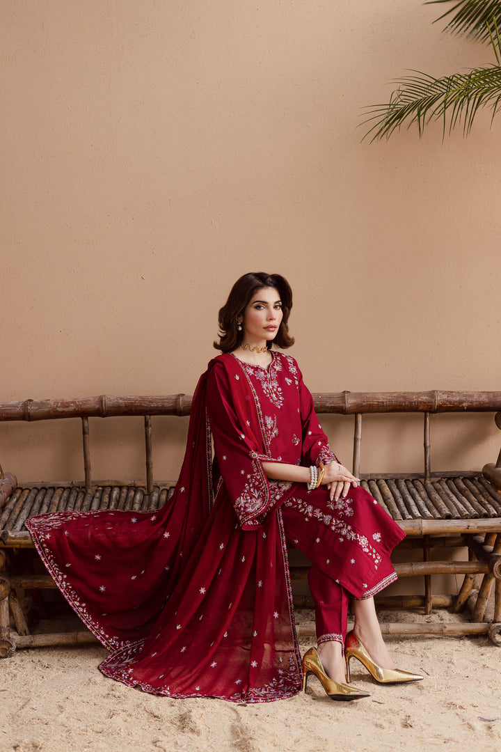 Seated view of embroidered beetroot khaddar outfit with lace finishing. Perfect festive dress for weddings and cultural celebrations