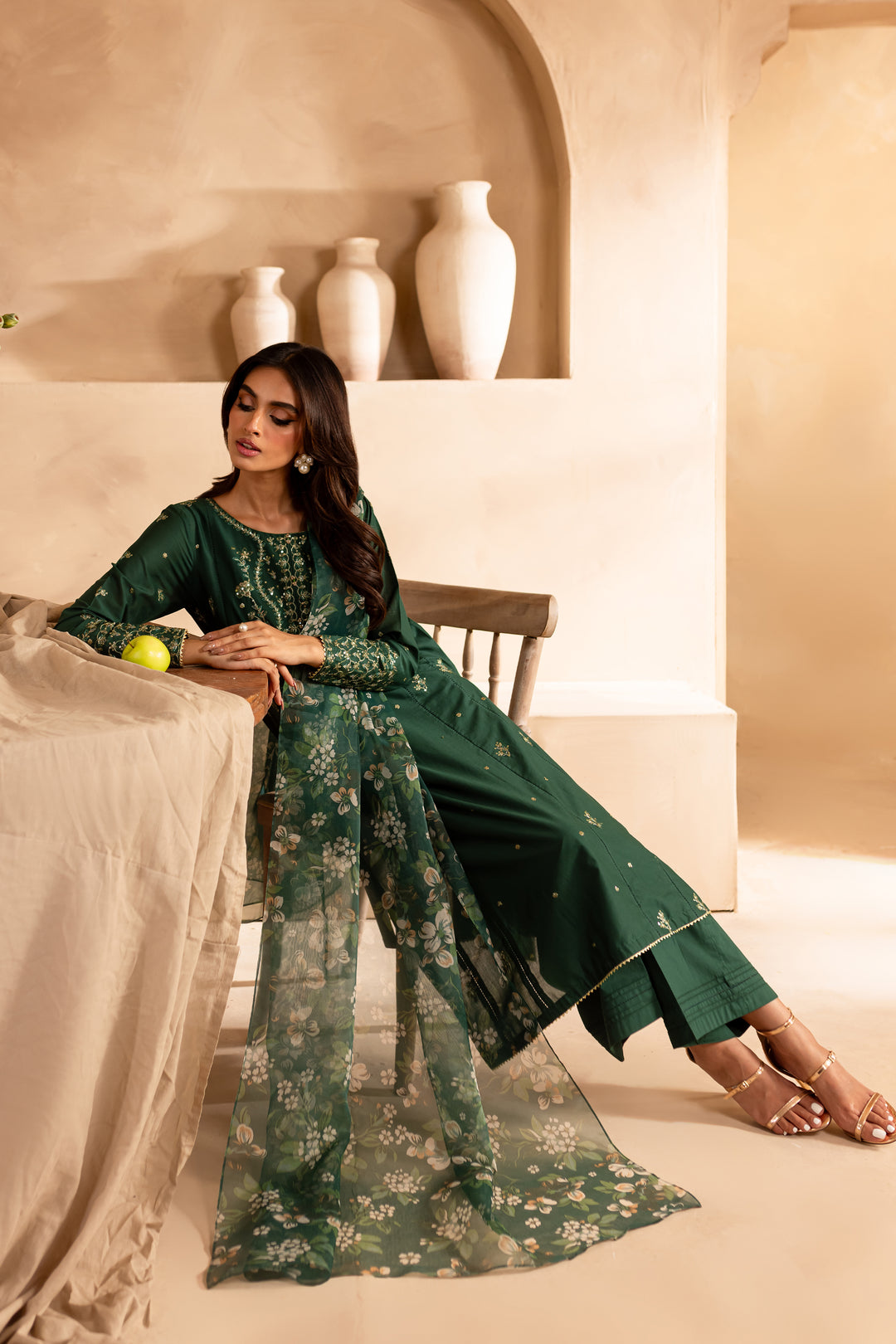 Sage Green 3Pc - Embroidered Lawn Dress