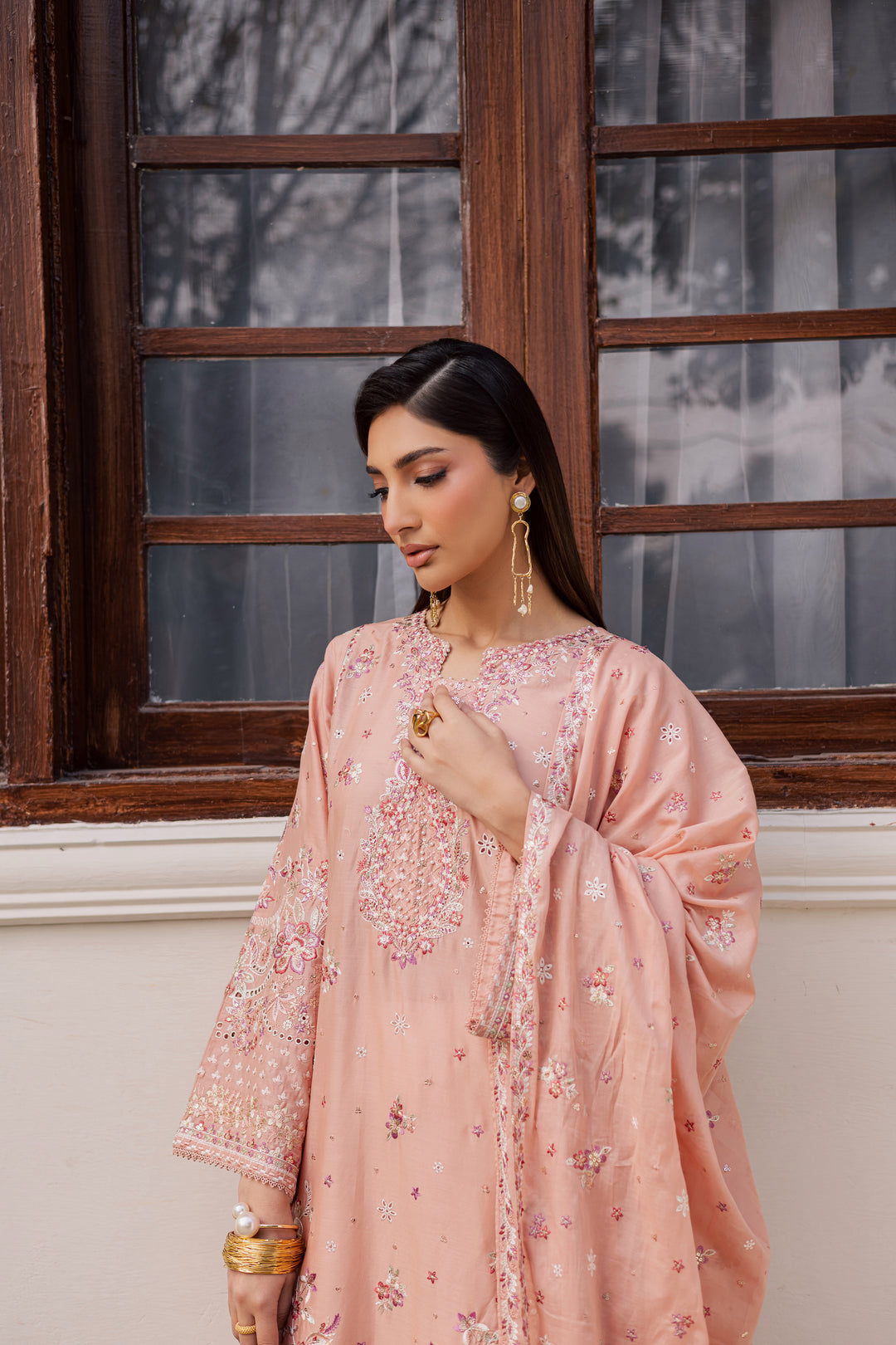Peach Line 3Pc - Festive Embroidered Lawn