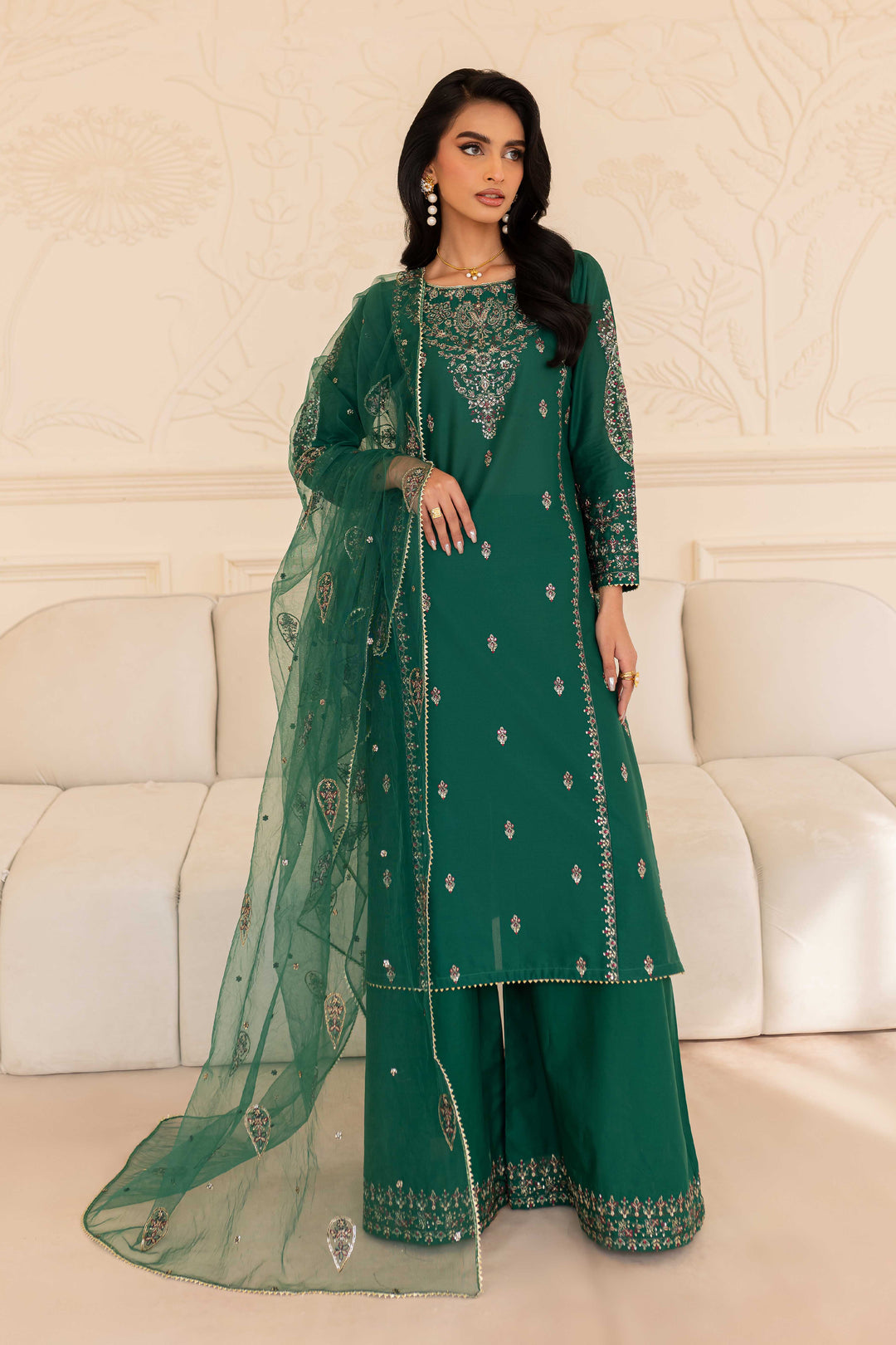 Ashaa 3Pc - Embroidered Sharara Pret