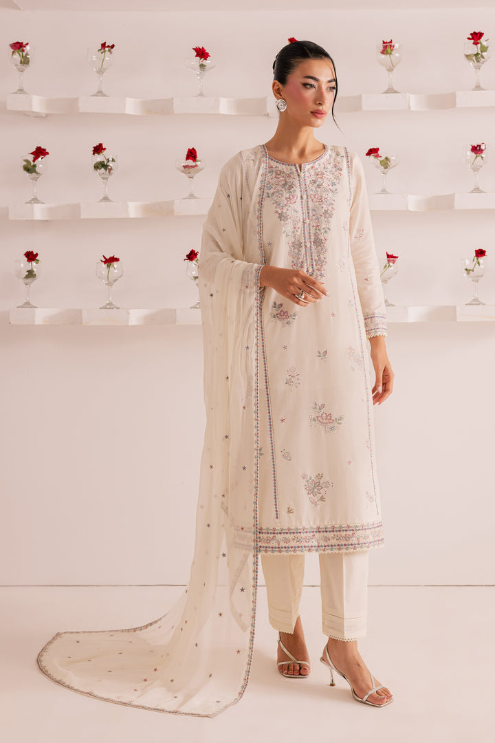 Elegant Pakistani ivory embroidered 3-piece suit featuring delicate pastel threadwork, sheer dupatta with star motifs, and straight trousers - a graceful ready-to-wear ensemble perfect for festive occasions. Ships globally with fast delivery