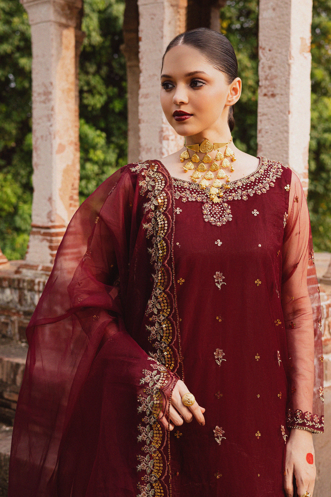  Beya 3Pc - Festive Luxe Pret BATIKSTUDIO2025  BATIK   S / Maroon / Net & Raw Silk-M / Maroon / Net & Raw Silk-L / Maroon / Net & Raw Silk