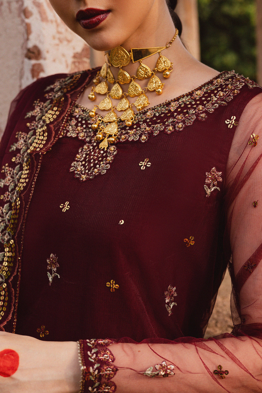  Beya 3Pc - Festive Luxe Pret BATIKSTUDIO2025  BATIK   S / Maroon / Net & Raw Silk-M / Maroon / Net & Raw Silk-L / Maroon / Net & Raw Silk