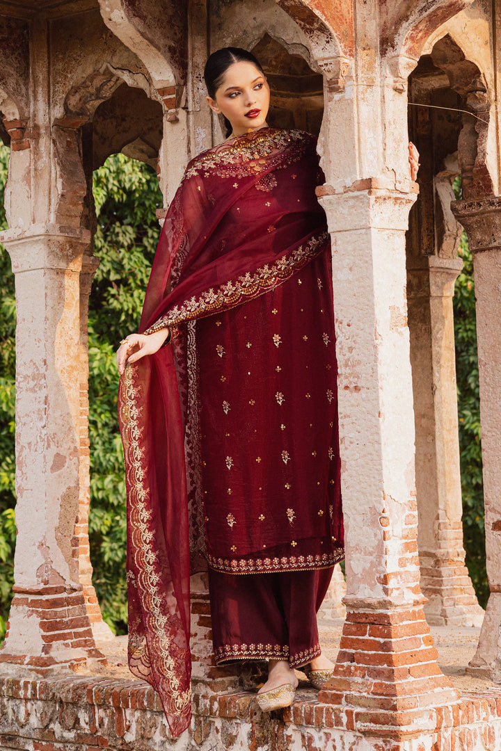  Beya 3Pc - Festive Luxe Pret BATIKSTUDIO2025  BATIK   S / Maroon / Net & Raw Silk-M / Maroon / Net & Raw Silk-L / Maroon / Net & Raw Silk