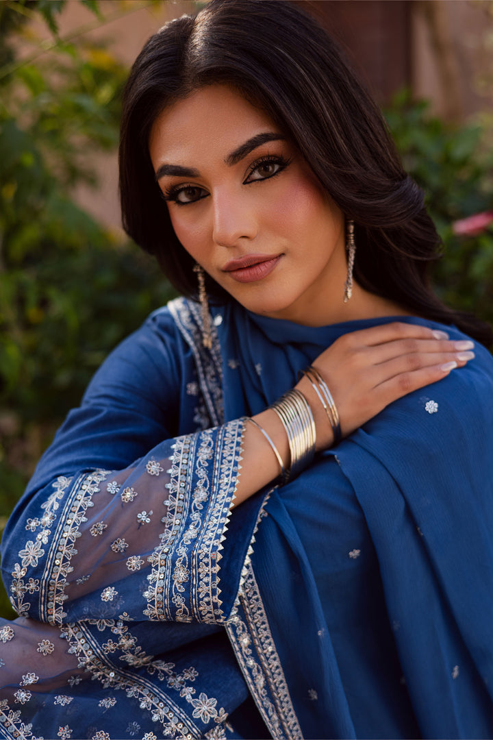 Blue Mahra 3Pc - Embroidered Karandi Dress