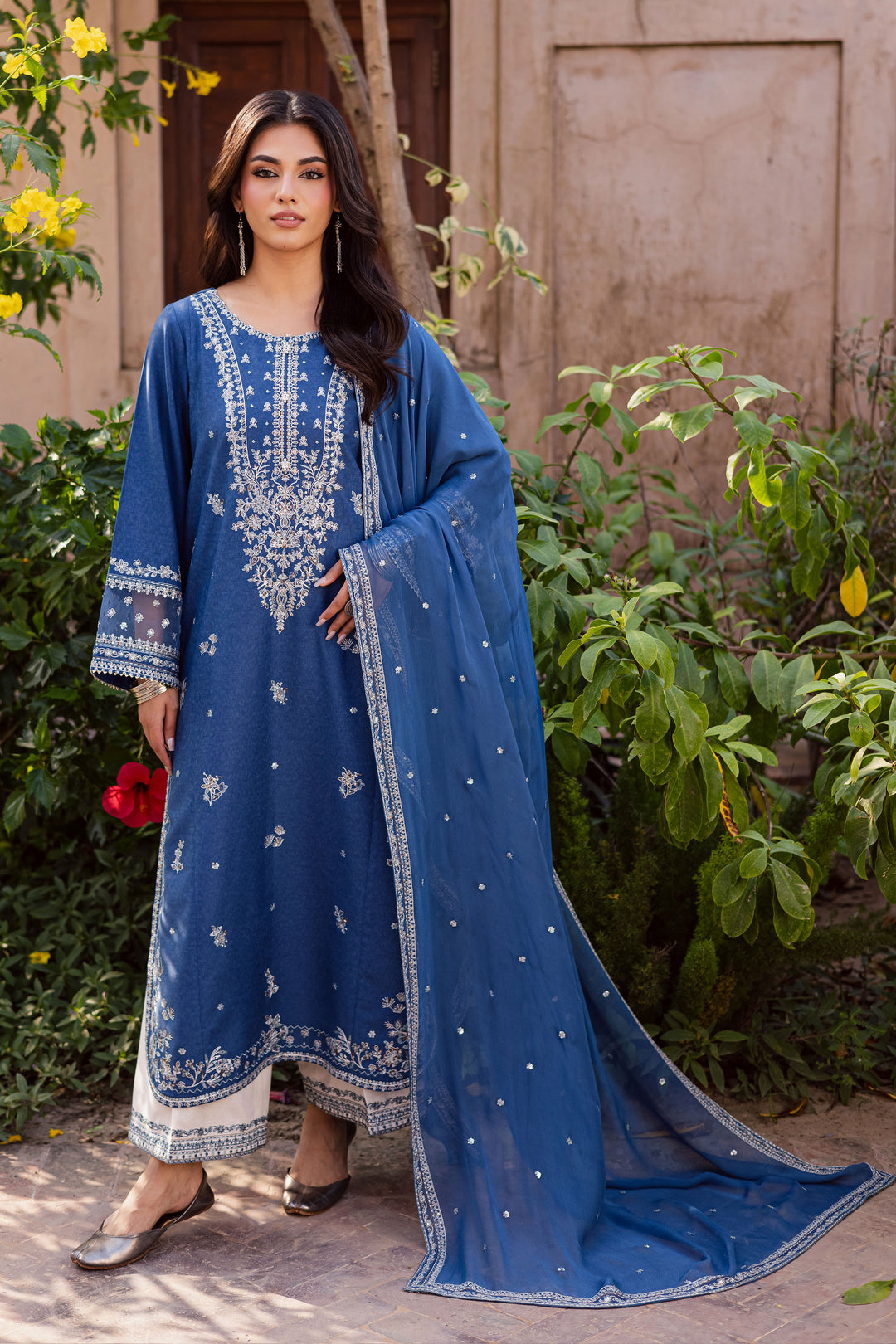 Blue Mahra 3Pc - Embroidered Karandi Dress