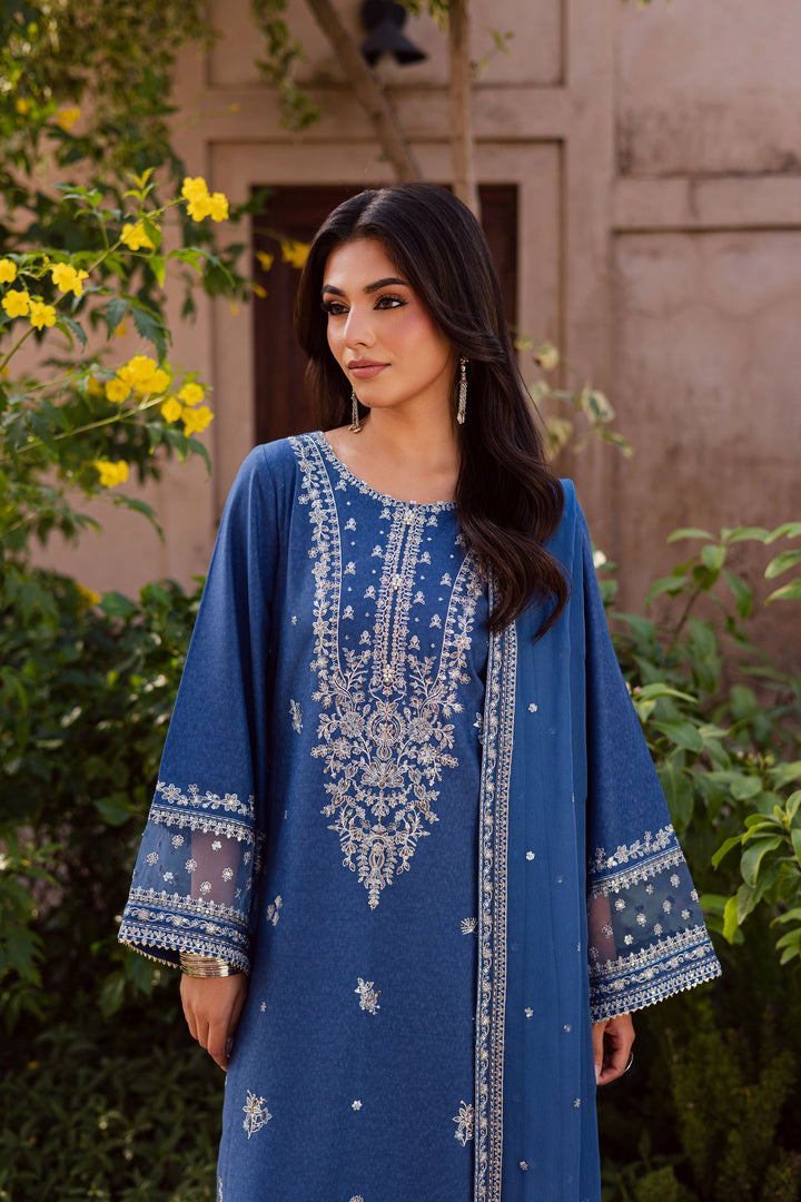 Blue Mahra 3Pc - Embroidered Karandi Dress