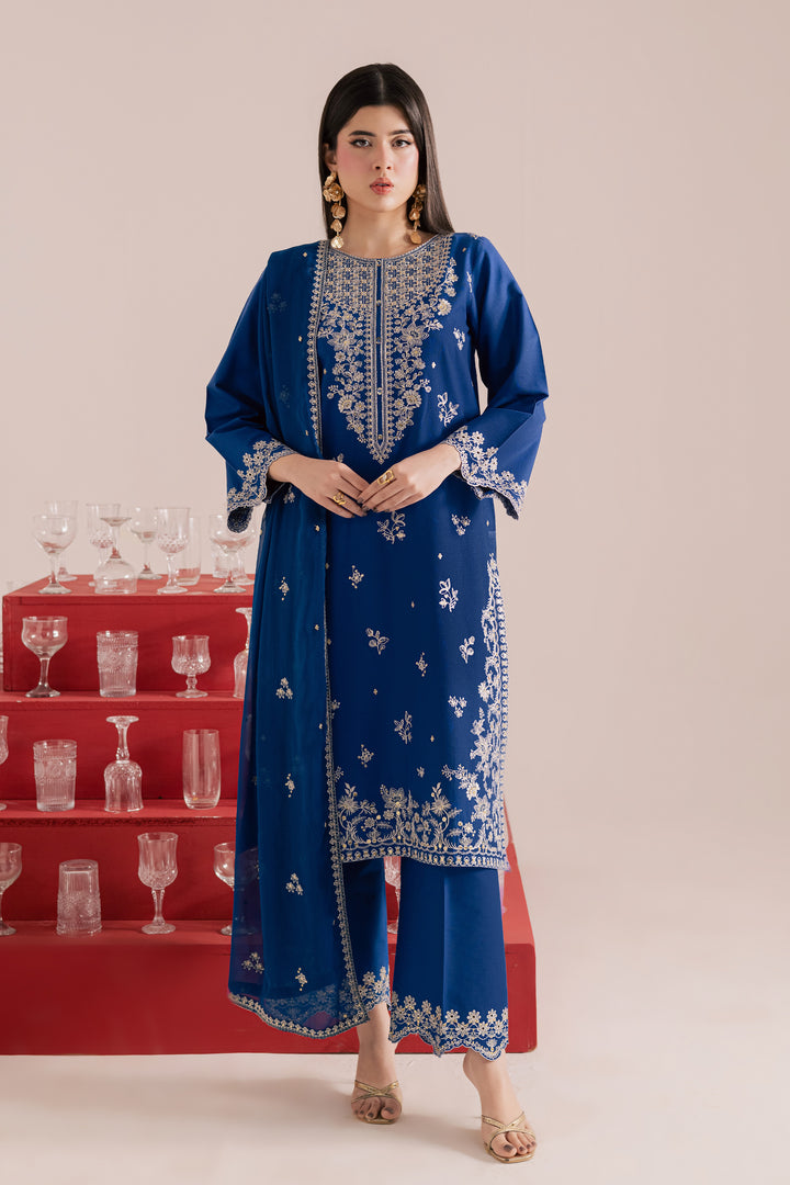 Blue Mehmal 3Pc - Embroidered Khaddar Dress