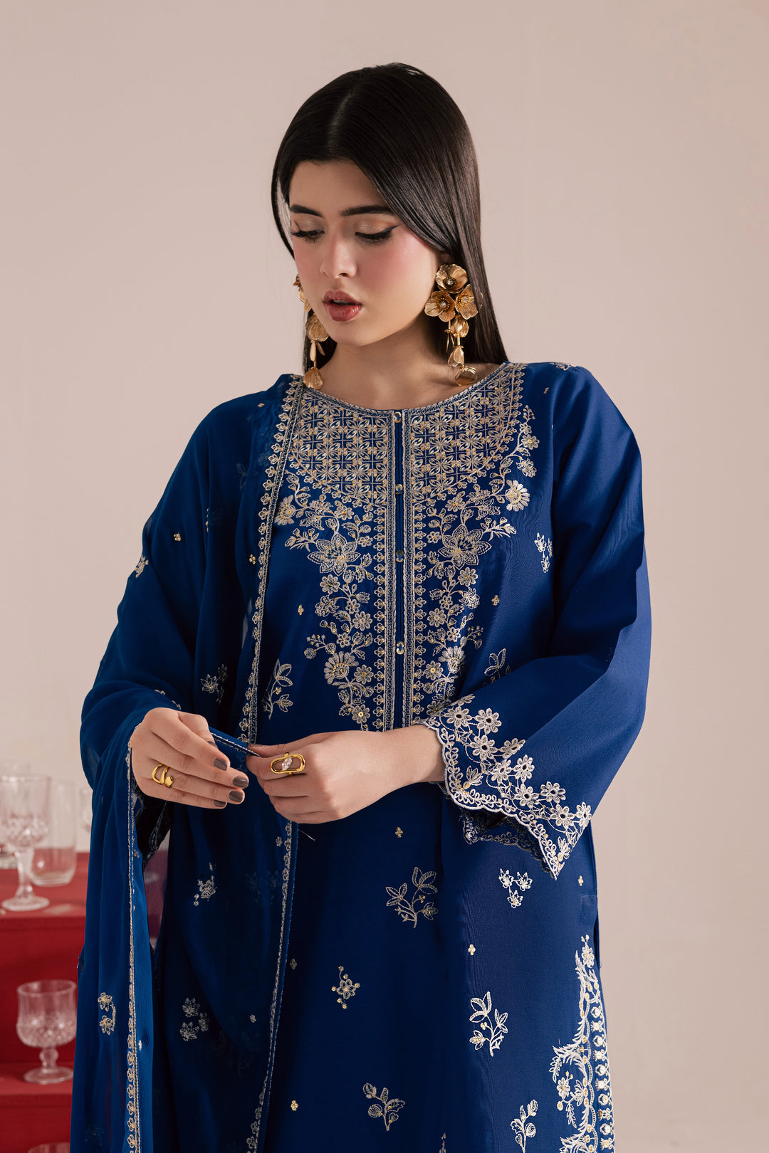 Blue Mehmal 3Pc - Embroidered Khaddar Dress