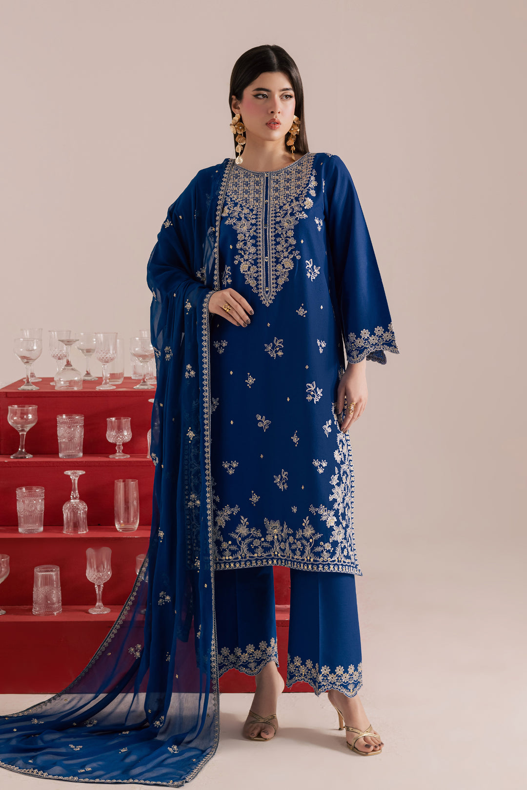 Blue Mehmal 3Pc - Embroidered Khaddar Dress