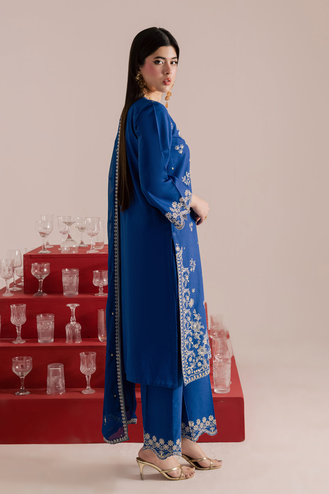 Blue Mehmal 3Pc - Embroidered Khaddar Dress