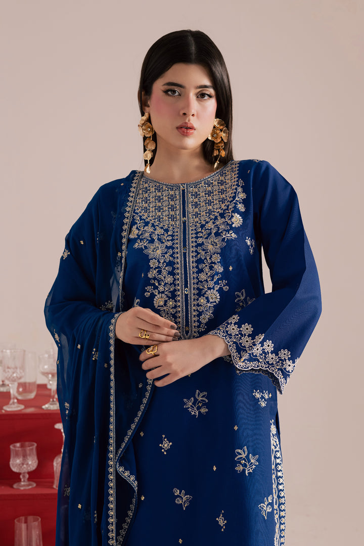 Blue Mehmal 3Pc - Embroidered Khaddar Dress