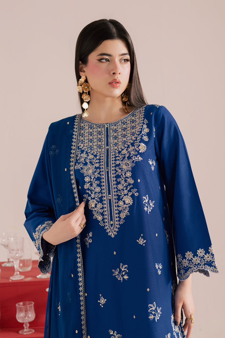 Blue Mehmal 3Pc - Embroidered Khaddar Dress