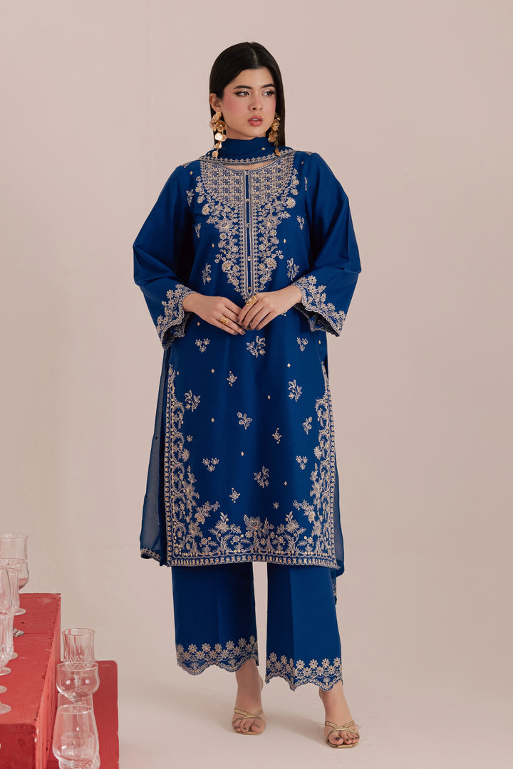 Blue Mehmal 3Pc - Embroidered Khaddar Dress