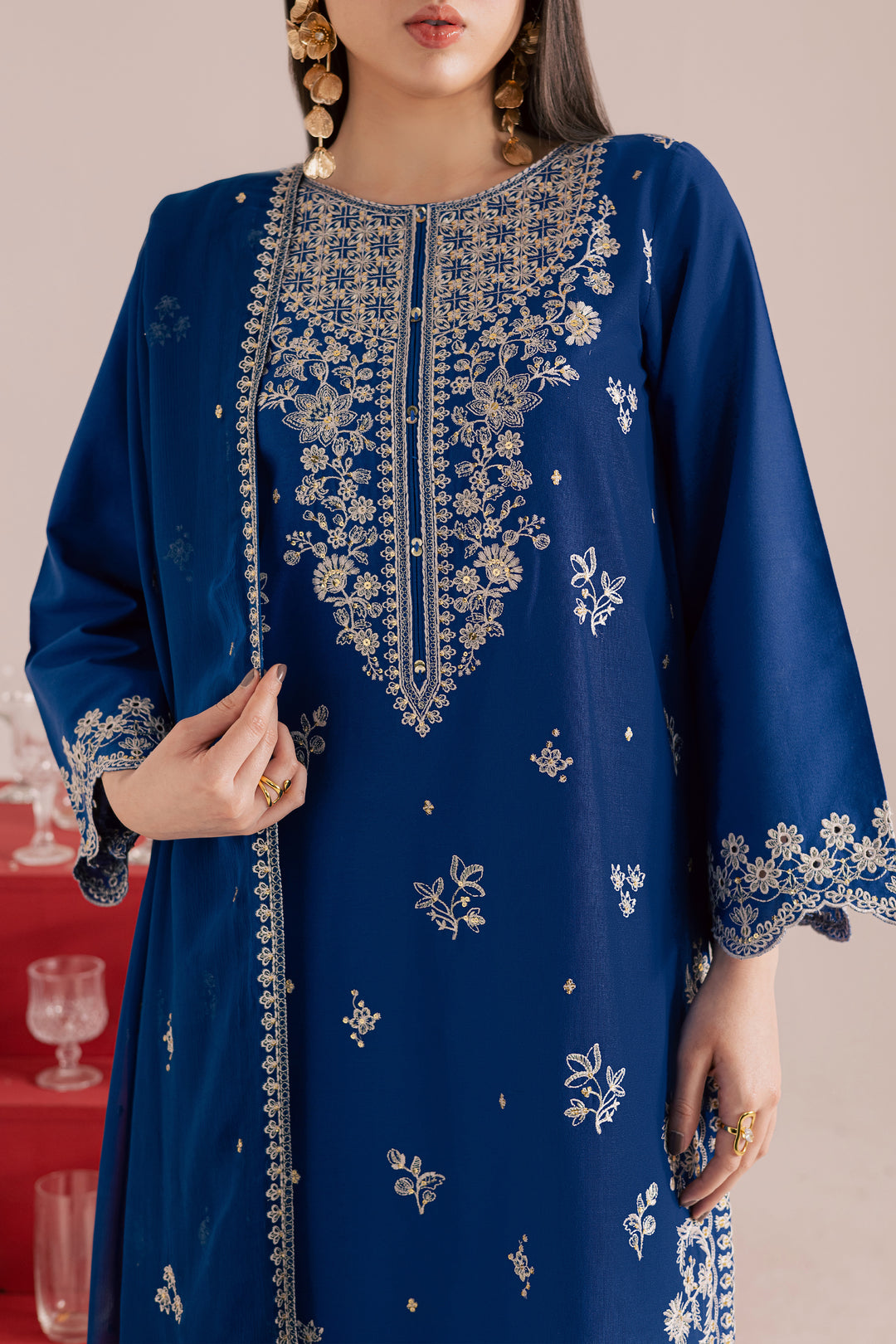 Blue Mehmal 3Pc - Embroidered Khaddar Dress