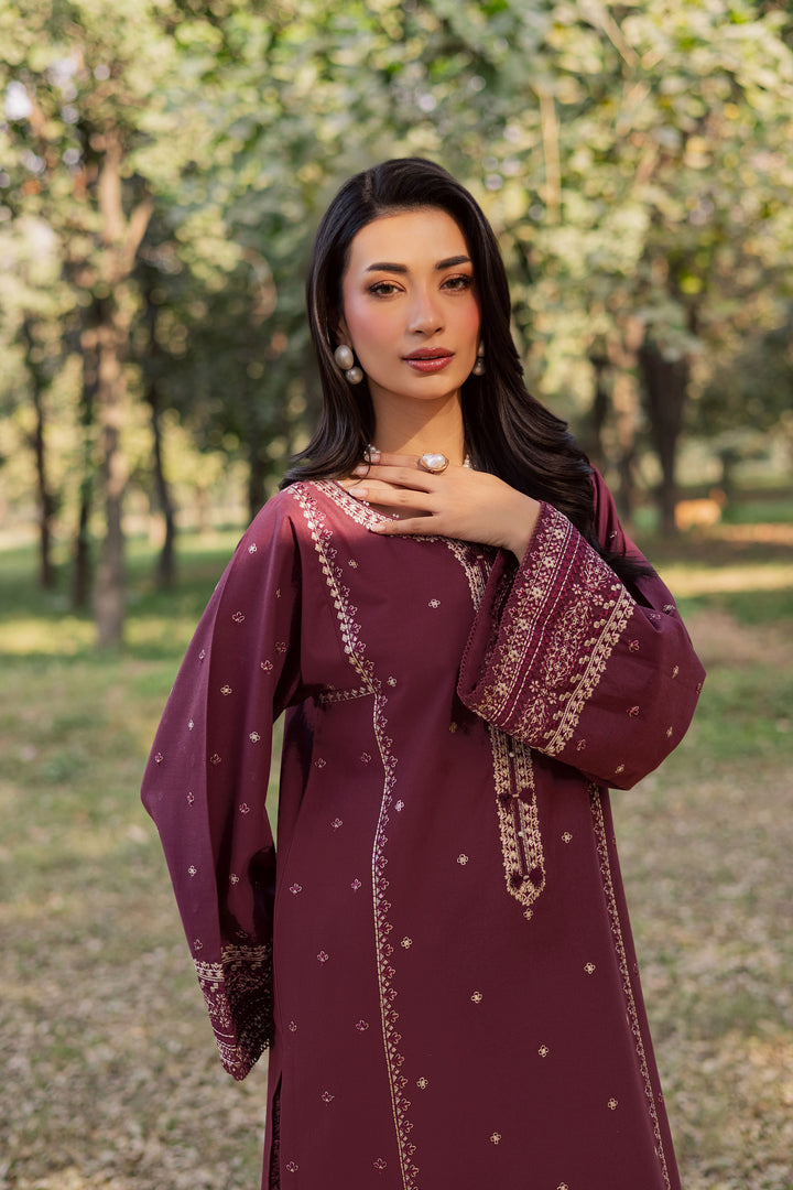 Deep Mauve 2Pc - Embroidered Khaddar Dress