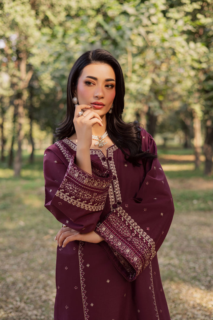 Deep Mauve 2Pc - Embroidered Khaddar Dress
