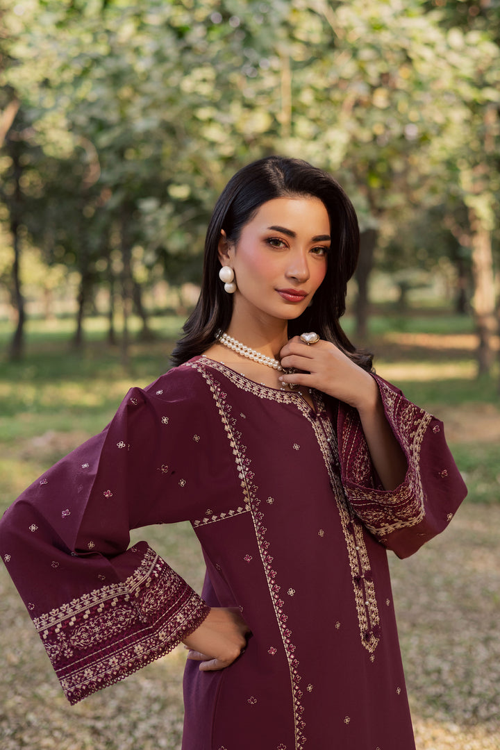 Deep Mauve 2Pc - Embroidered Khaddar Dress