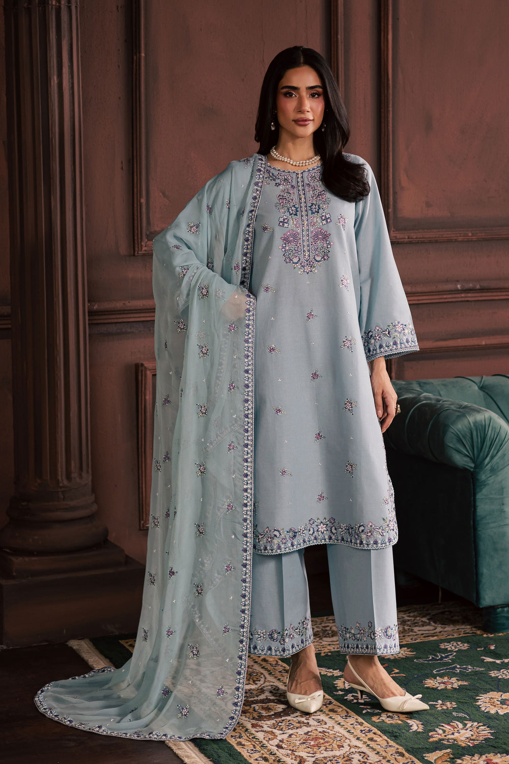 Azure Charm  3Pc - Embroidered Khaddar Dress BATIK WINTER PRET 2025  BATIK   XS / Sky Blue / Khaddar-S / Sky Blue / Khaddar-M / Sky Blue / Khaddar-L / Sky Blue / Khaddar-XL / Sky Blue / Khaddar