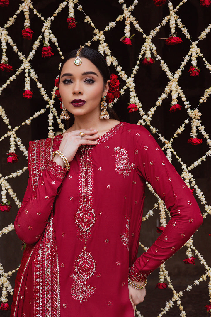 Heer Amber 3Pc - Festive Luxe Pret BATIKLuxePRET  BATIK   XS / Deep Red / Raw Silk-S / Deep Red / Raw Silk-M / Deep Red / Raw Silk-L / Deep Red / Raw Silk-XL / Deep Red / Raw Silk