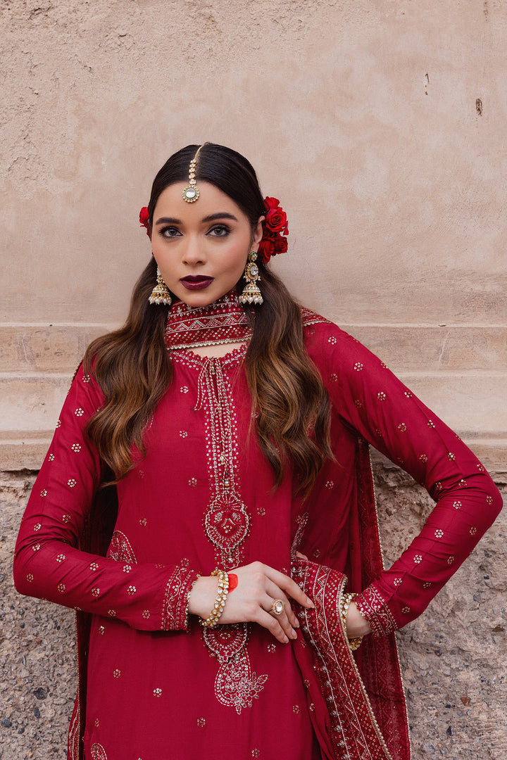 Heer Amber 3Pc - Festive Luxe Pret BATIKLuxePRET  BATIK   XS / Deep Red / Raw Silk-S / Deep Red / Raw Silk-M / Deep Red / Raw Silk-L / Deep Red / Raw Silk-XL / Deep Red / Raw Silk