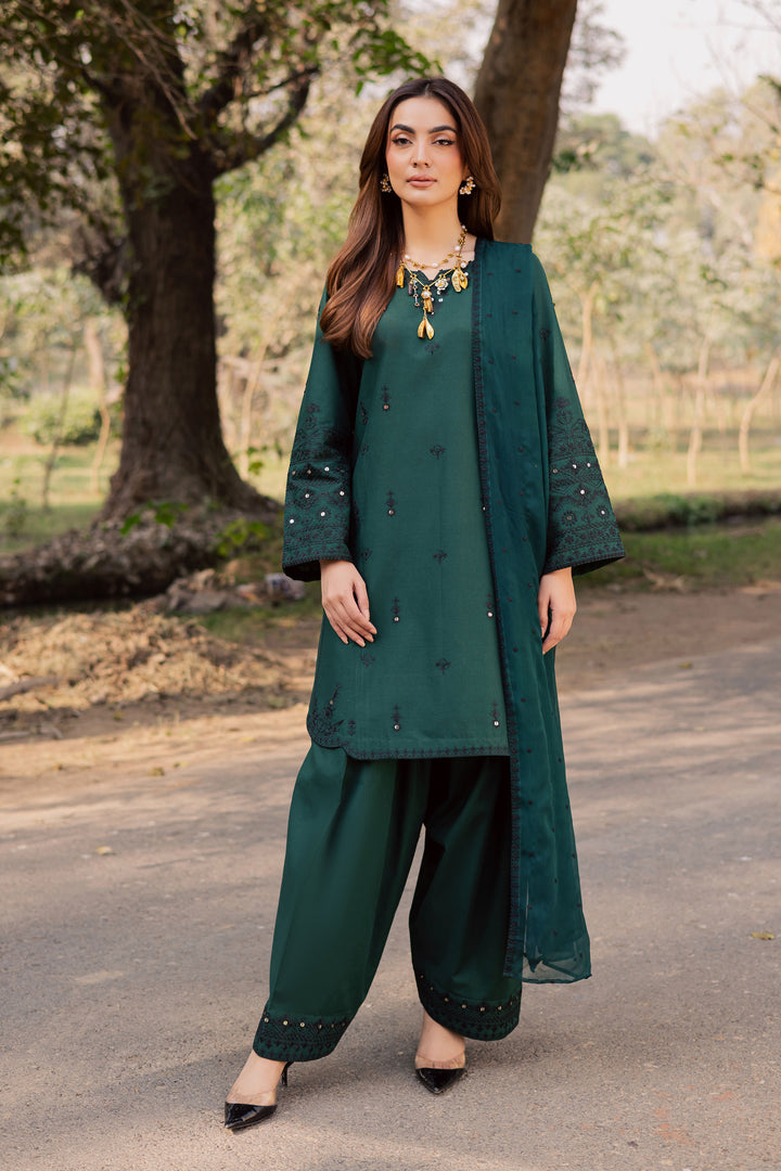 Sabz Meeraki 3Pc - Embroidered Khaddar Dress