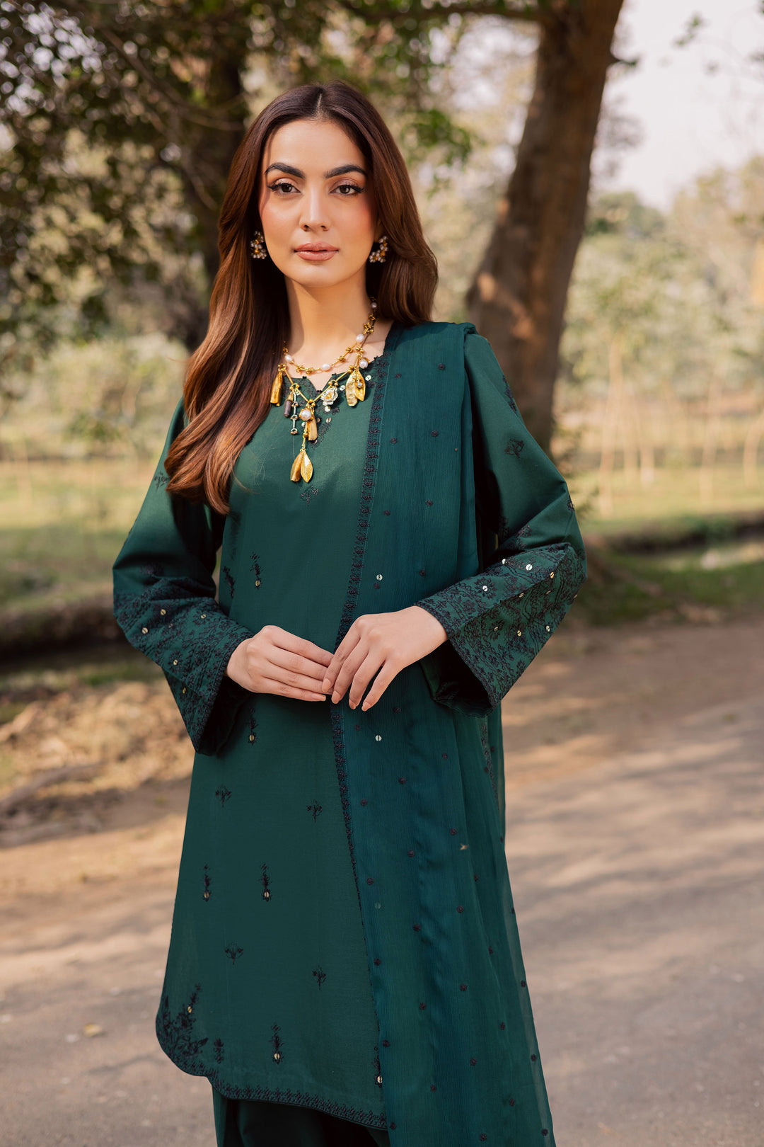 Sabz Meeraki 3Pc - Embroidered Khaddar Dress