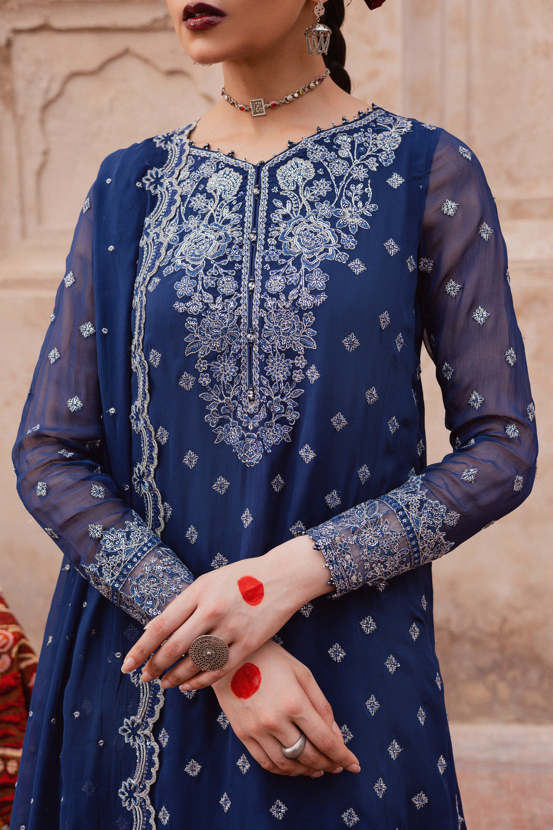 Sereene Sapphire 3Pc - Festive Luxe Pret BATIKLuxePRET  BATIK   XS / Royal Blue / Chiffon & Raw Silk-S / Royal Blue / Chiffon & Raw Silk-M / Royal Blue / Chiffon & Raw Silk-L / Royal Blue / Chiffon & Raw Silk-XL / Royal Blue / Chiffon & Raw Silk