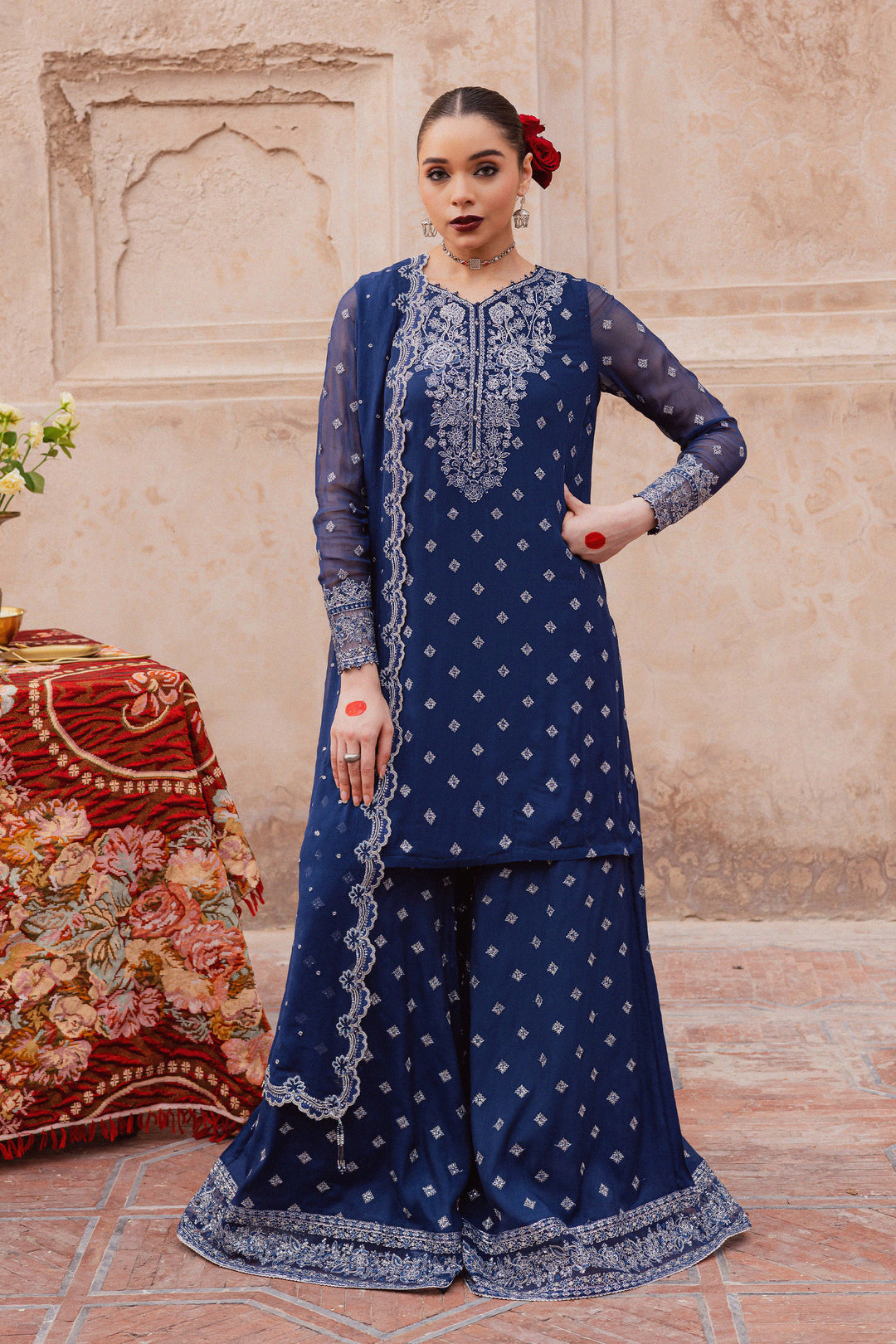 Sereene Sapphire 3Pc - Festive Luxe Pret BATIKLuxePRET  BATIK   XS / Royal Blue / Chiffon & Raw Silk-S / Royal Blue / Chiffon & Raw Silk-M / Royal Blue / Chiffon & Raw Silk-L / Royal Blue / Chiffon & Raw Silk-XL / Royal Blue / Chiffon & Raw Silk
