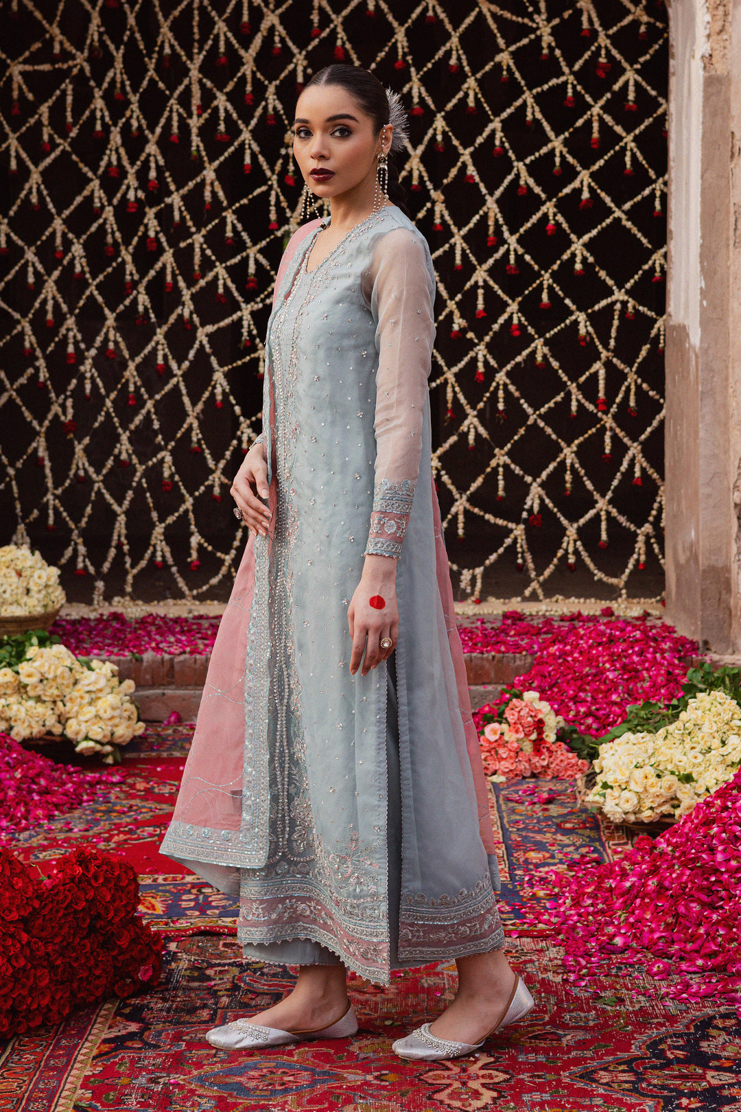 Zewya 3Pc - Festive Luxe Pret BATIKLuxePRET  BATIK   XS / Ash Blue / Organza & Raw Silk-S / Ash Blue / Organza & Raw Silk-M / Ash Blue / Organza & Raw Silk-L / Ash Blue / Organza & Raw Silk-XL / Ash Blue / Organza & Raw Silk