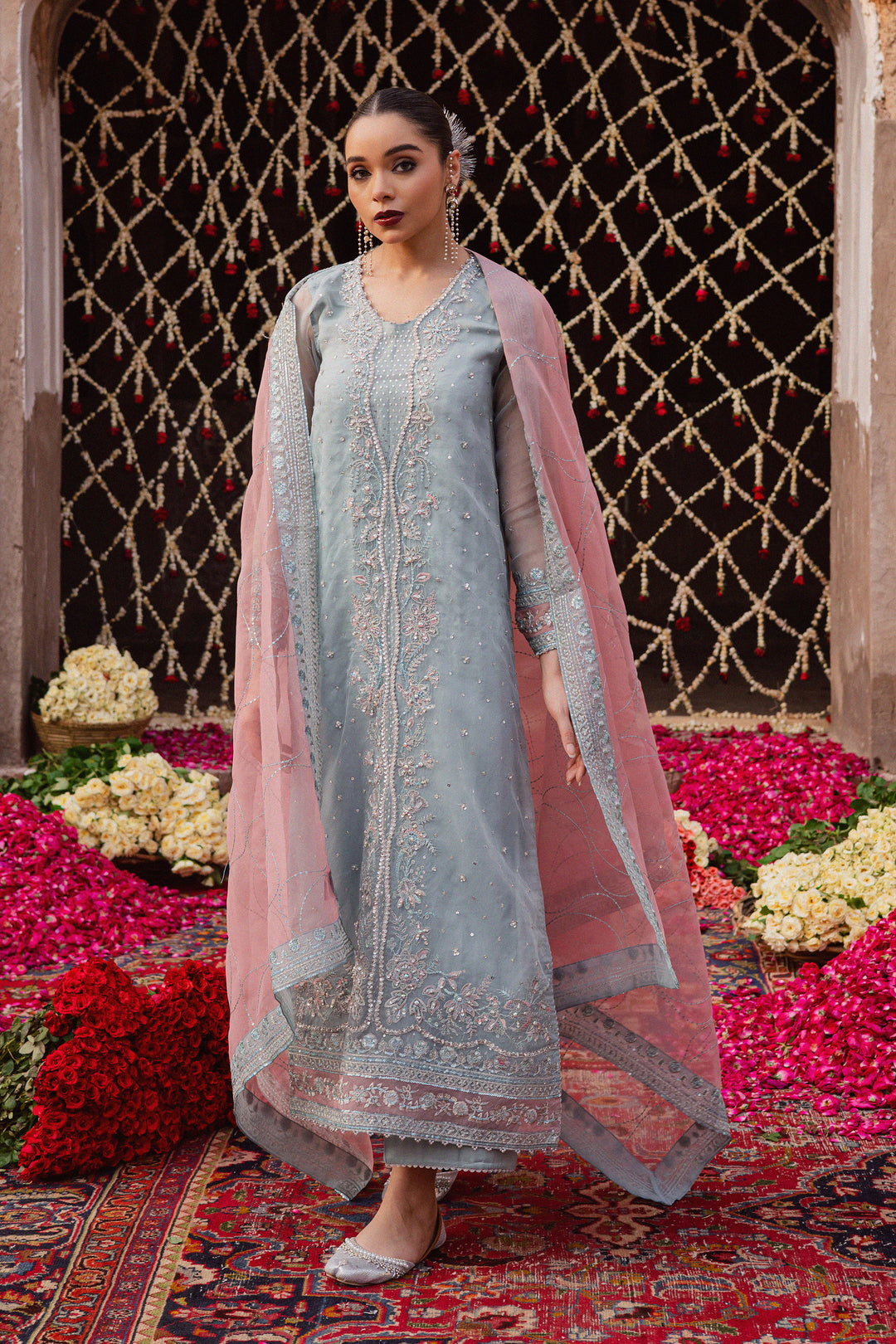 Zewya 3Pc - Festive Luxe Pret BATIKLuxePRET  BATIK   XS / Ash Blue / Organza & Raw Silk-S / Ash Blue / Organza & Raw Silk-M / Ash Blue / Organza & Raw Silk-L / Ash Blue / Organza & Raw Silk-XL / Ash Blue / Organza & Raw Silk