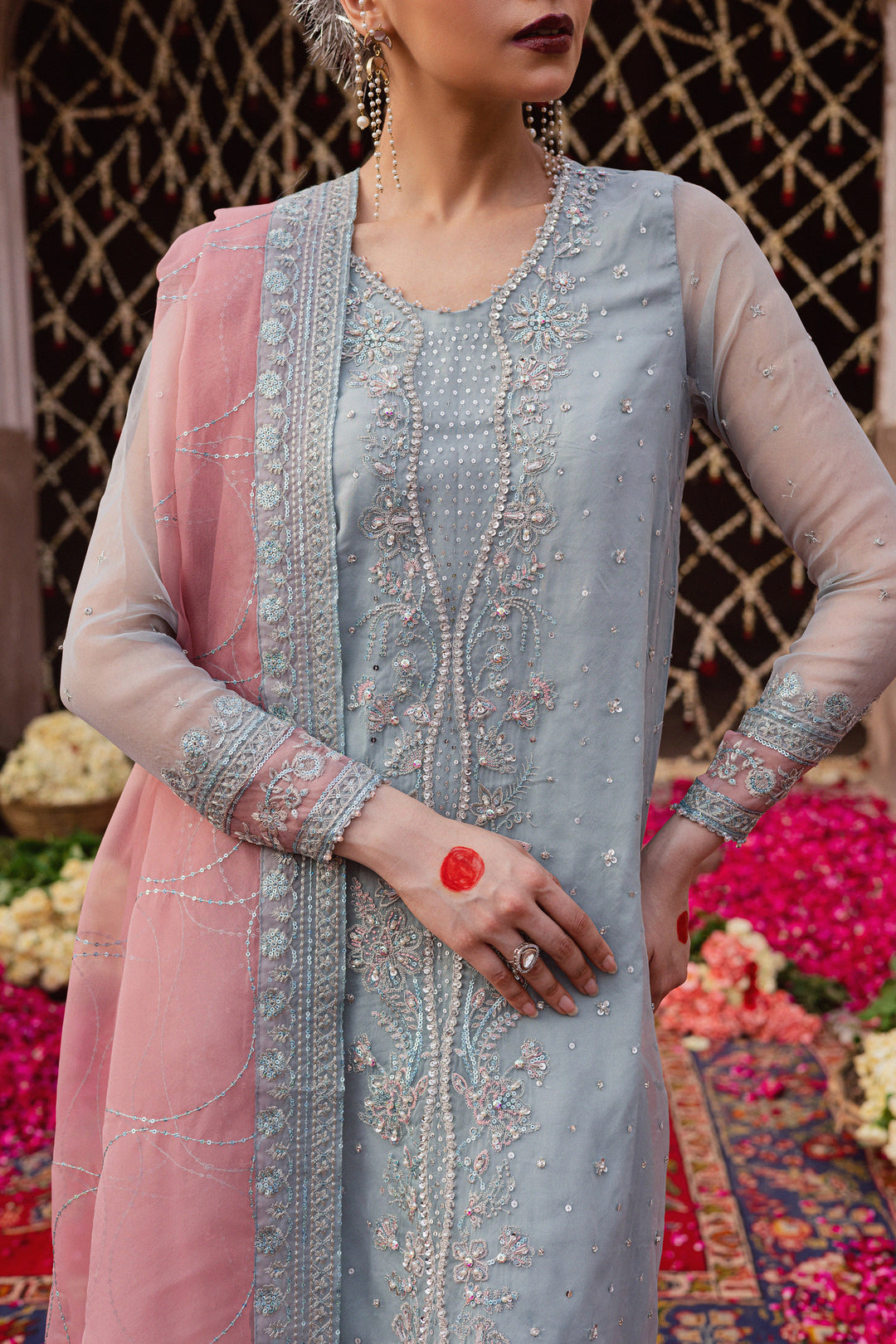 Zewya 3Pc - Festive Luxe Pret BATIKLuxePRET  BATIK   XS / Ash Blue / Organza & Raw Silk-S / Ash Blue / Organza & Raw Silk-M / Ash Blue / Organza & Raw Silk-L / Ash Blue / Organza & Raw Silk-XL / Ash Blue / Organza & Raw Silk