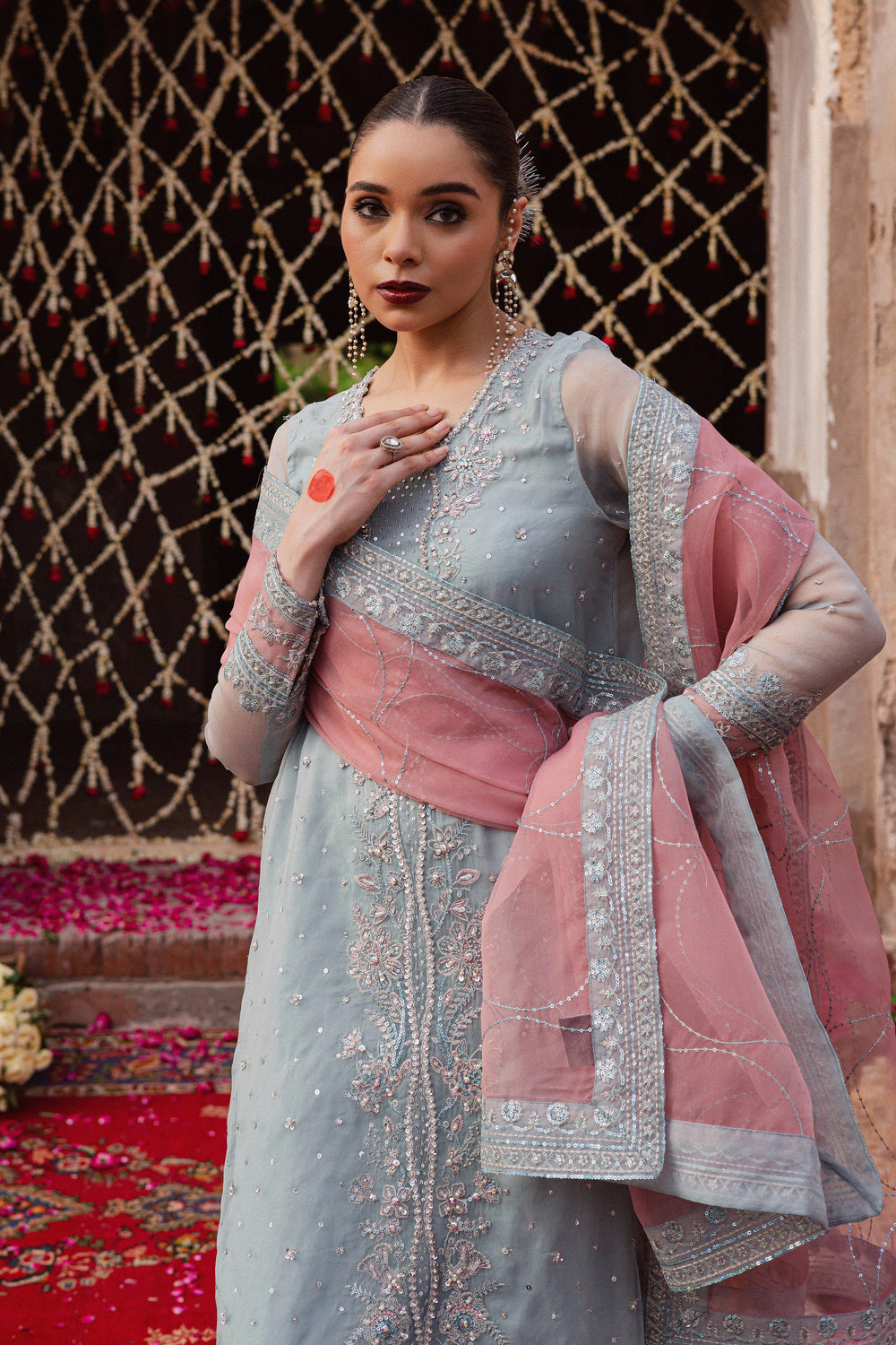 Zewya 3Pc - Festive Luxe Pret BATIKLuxePRET  BATIK   XS / Ash Blue / Organza & Raw Silk-S / Ash Blue / Organza & Raw Silk-M / Ash Blue / Organza & Raw Silk-L / Ash Blue / Organza & Raw Silk-XL / Ash Blue / Organza & Raw Silk