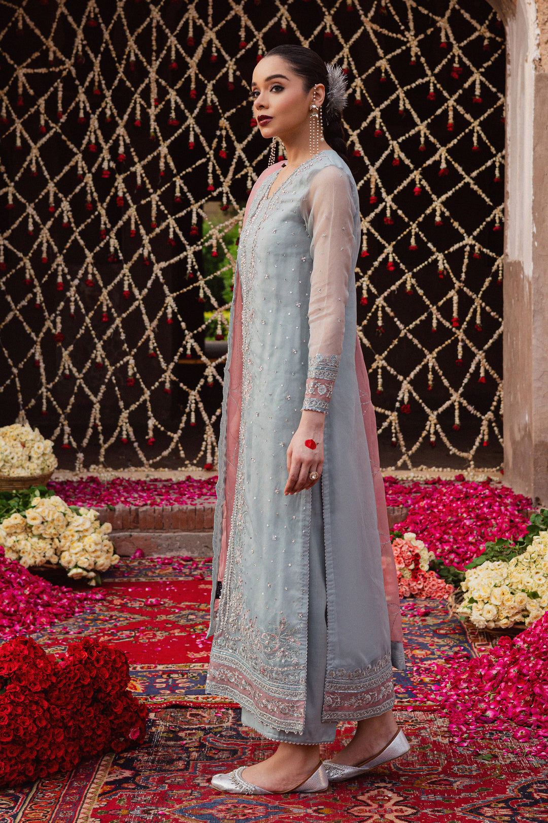 Zewya 3Pc - Festive Luxe Pret BATIKLuxePRET  BATIK   XS / Ash Blue / Organza & Raw Silk-S / Ash Blue / Organza & Raw Silk-M / Ash Blue / Organza & Raw Silk-L / Ash Blue / Organza & Raw Silk-XL / Ash Blue / Organza & Raw Silk