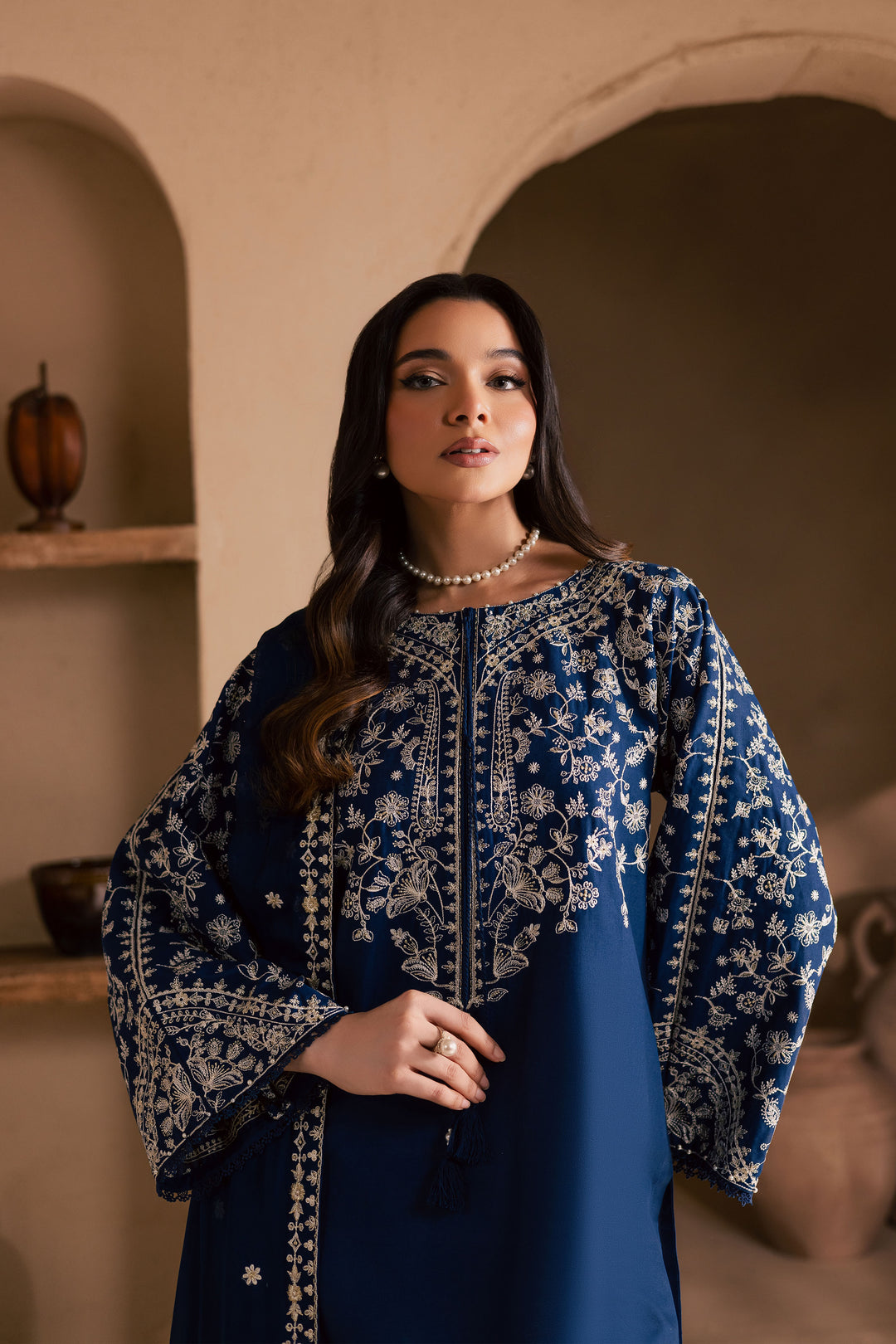 Blue Pashmina 3Pc - Embroidered Khaddar Dress