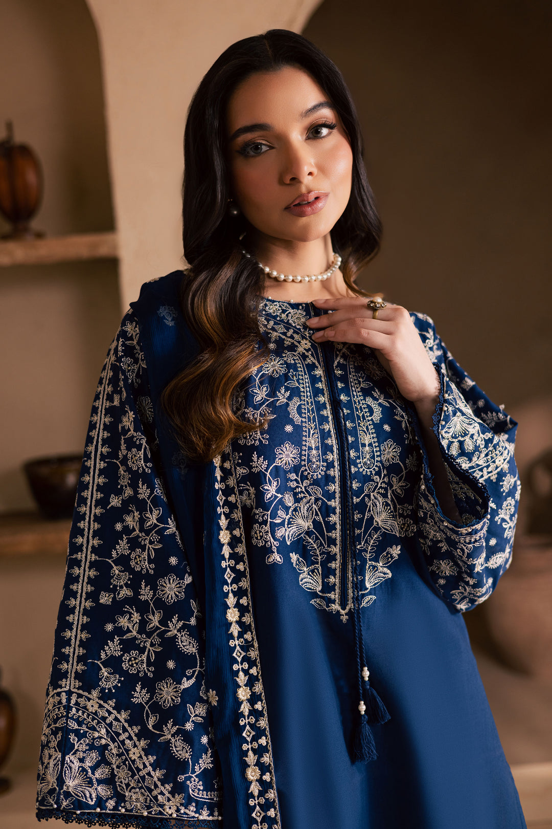 Blue Pashmina 3Pc - Embroidered Khaddar Dress