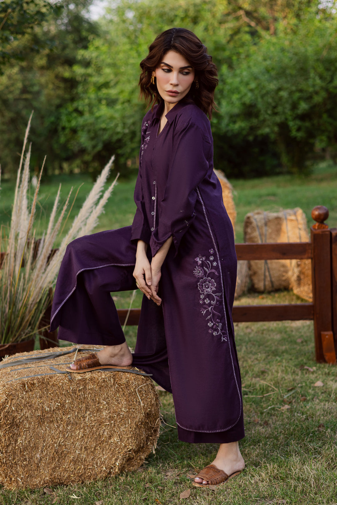 Purple Linen 2Pc - Embroidered Karandi Dress