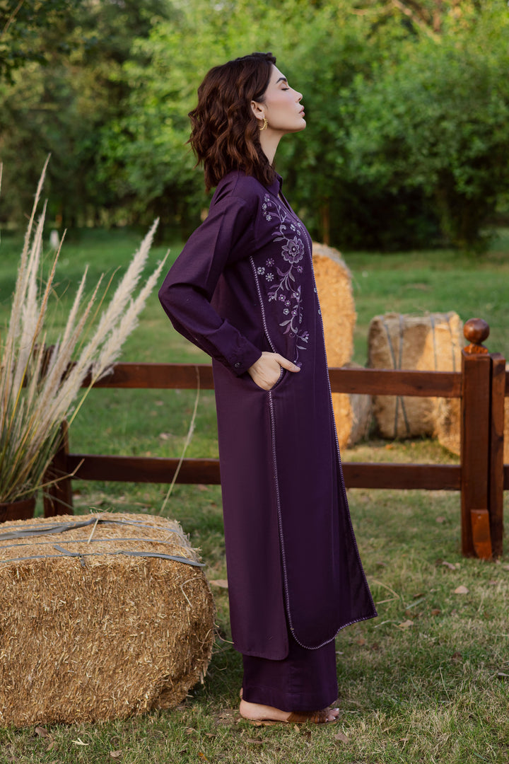 Purple Linen 2Pc - Embroidered Karandi Dress