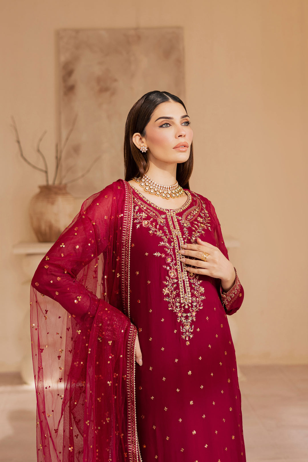 Maroon Amaris 3Pc - Embroidered Luxe Pret