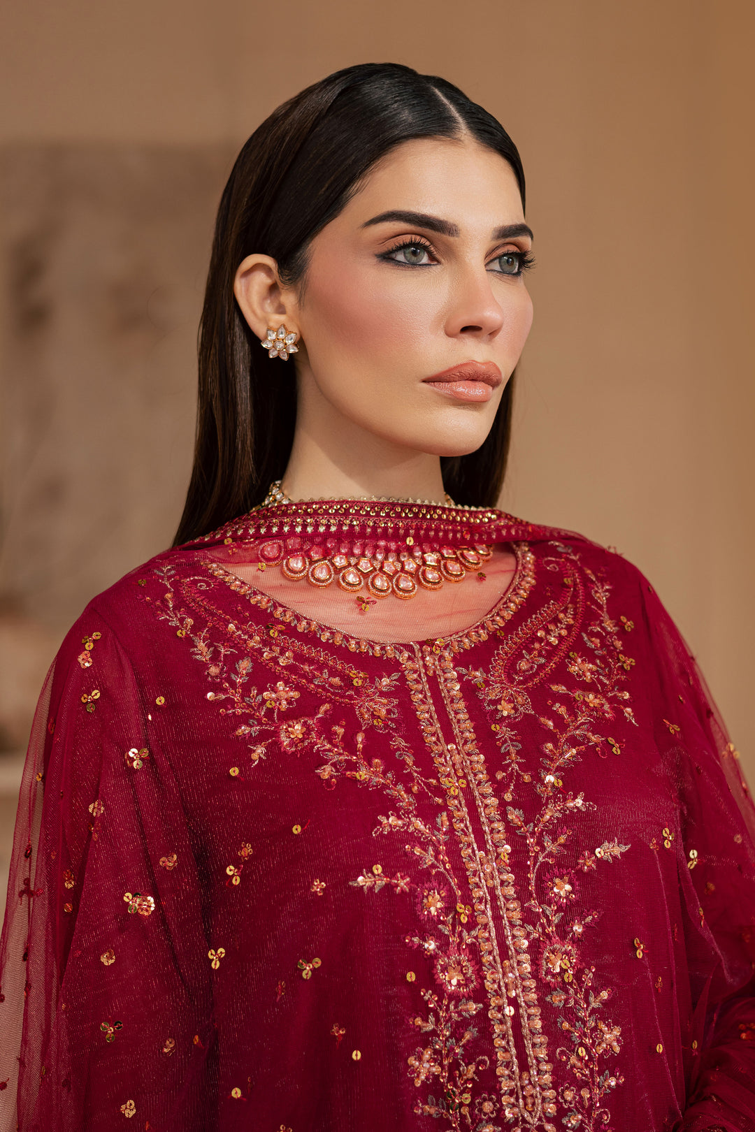 Maroon Amaris 3Pc - Embroidered Luxe Pret