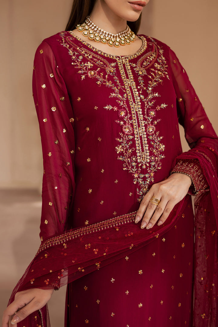 Maroon Amaris 3Pc - Embroidered Luxe Pret