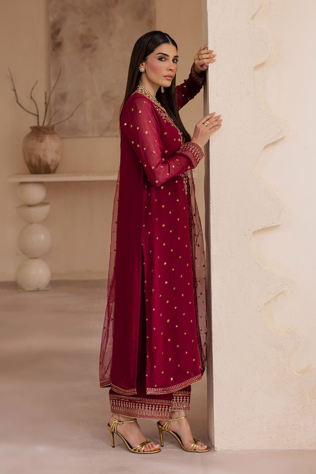 Maroon Amaris 3Pc - Embroidered Luxe Pret