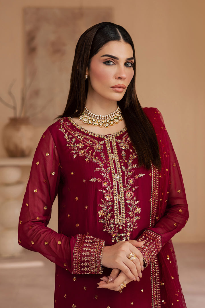 Maroon Amaris 3Pc - Embroidered Luxe Pret