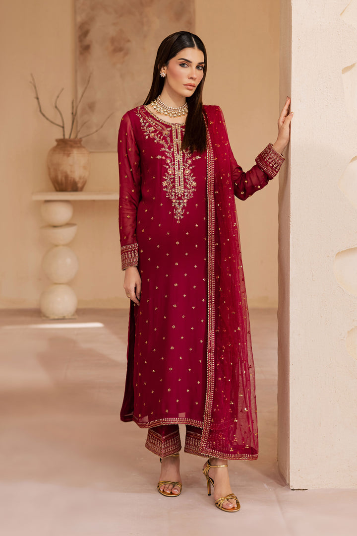 Maroon Amaris 3Pc - Embroidered Luxe Pret