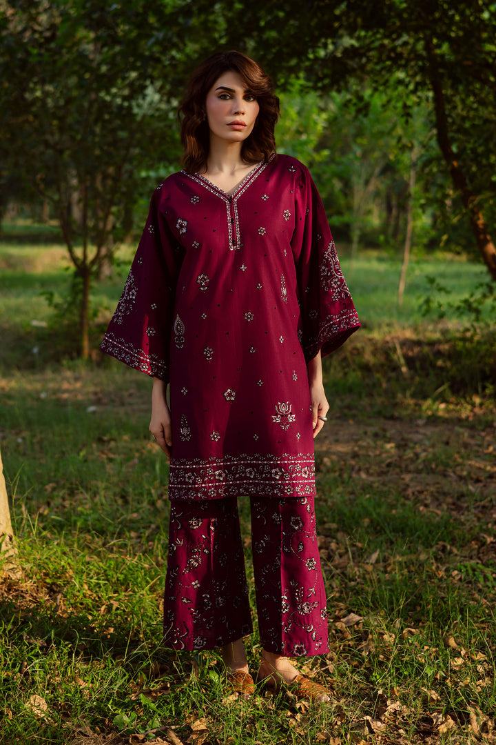 Maroon Berry 2Pc - Embroidered Khaddar Dress
