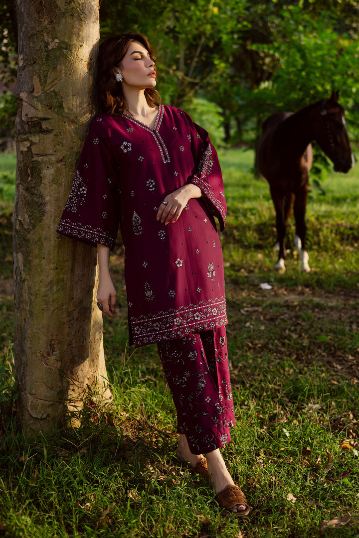 Maroon Berry 2Pc - Embroidered Khaddar Dress