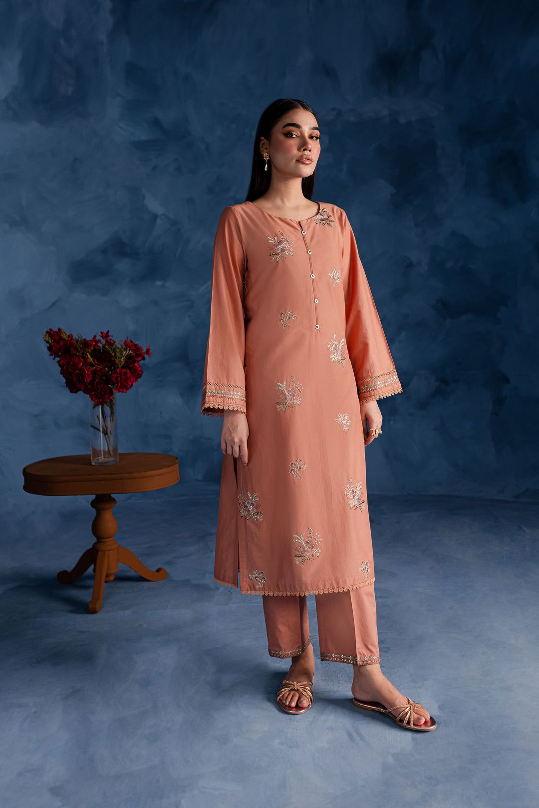 Peach Flower 2Pc - Embroidered Lawn Dress