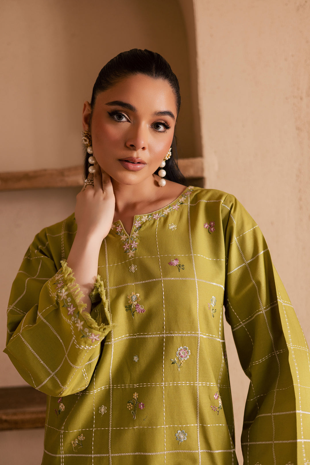 Pear Green 2Pc - Embroidered Khaddar Dress